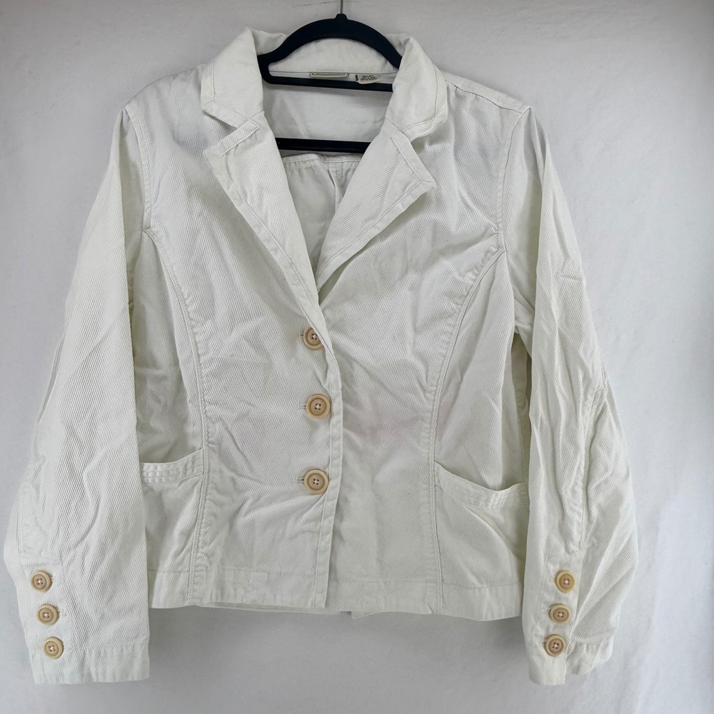 L.L.Bean Womens White Cotton Textured Blazer Jacket 3-Button Petite 8-PET OHYB4